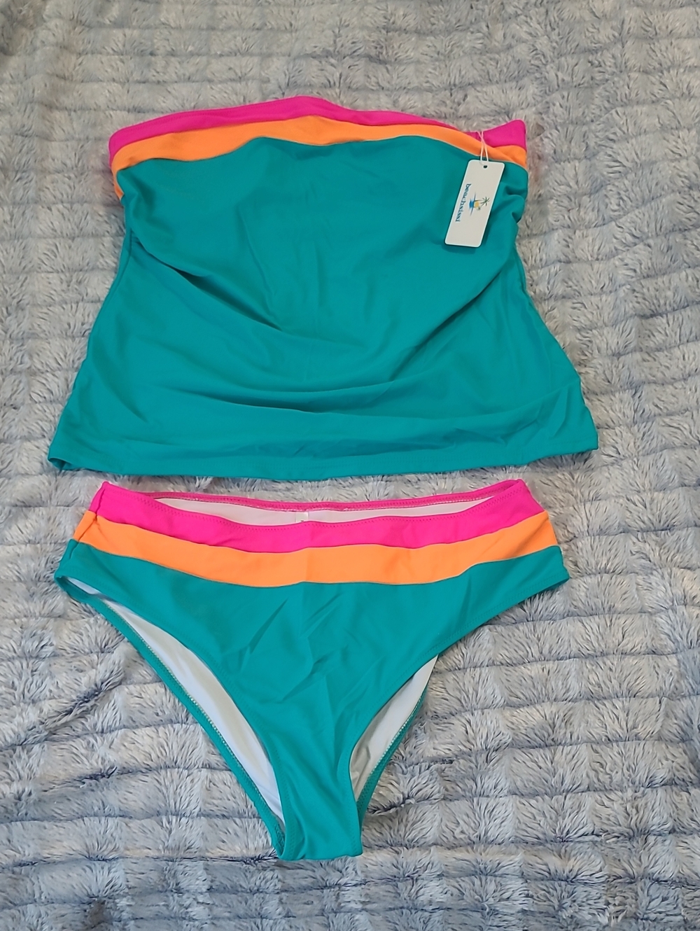 Strapless Teal Bikini Set with Pink and Orange Trim